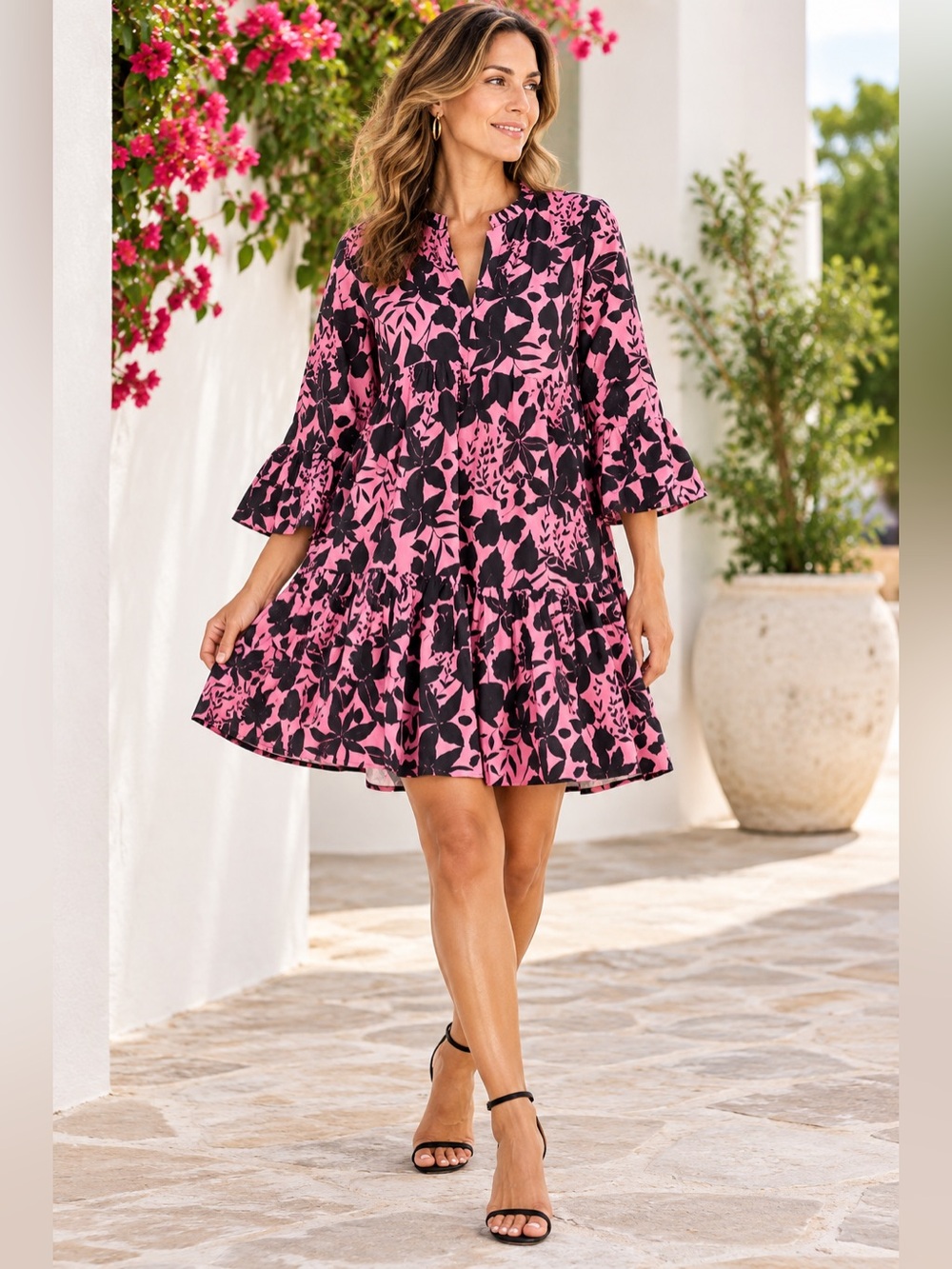 Oliphant Lea Floral Tiered Cotton Mini Dress Pink Black Size S